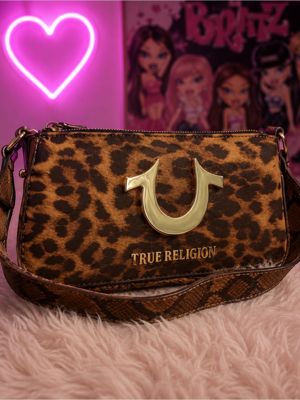 True Religion Leopard-Print Shoulder Bag in Brown and Gold